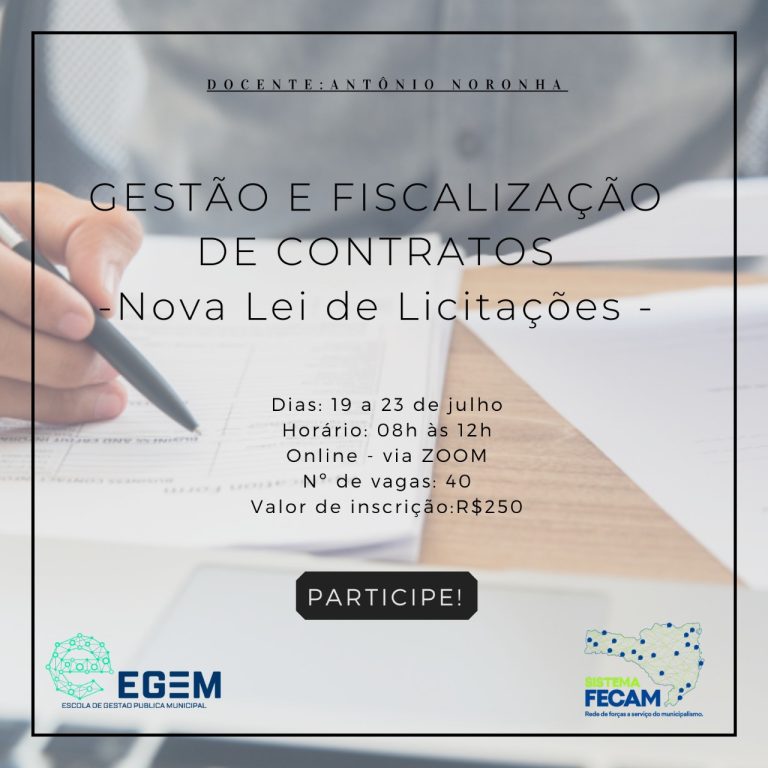 Read more about the article Curso de gestão e fiscalização de contratos, segundo a nova lei de licitações está com inscrições abertas