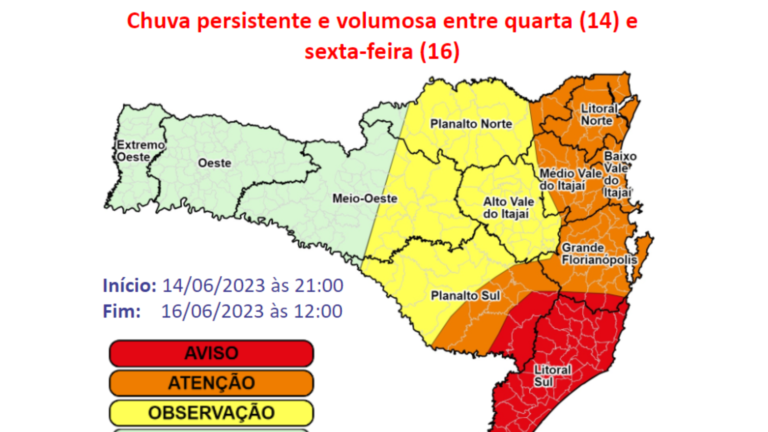 Read more about the article Defesa Civil de Santa Catarina emite Aviso Especial para chuva persistente e volumosa